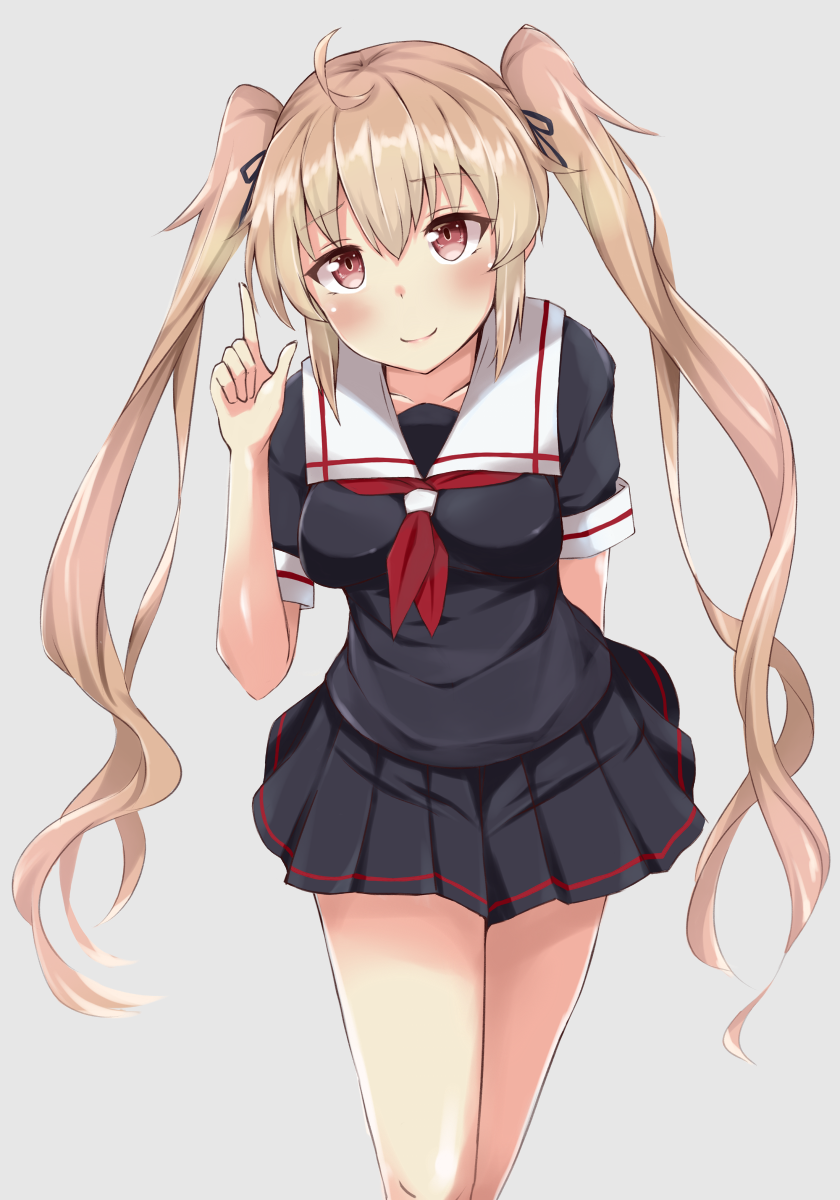 1girl black_ribbon black_serafuku black_skirt breasts brown_eyes flail grey_background hair_flaps hair_ribbon highres kantai_collection light_brown_hair long_hair murasame_(kantai_collection) neckerchief pleated_skirt red_neckwear ribbon school_uniform serafuku short_sleeves skirt smile solo twintails wasumi_kei weapon