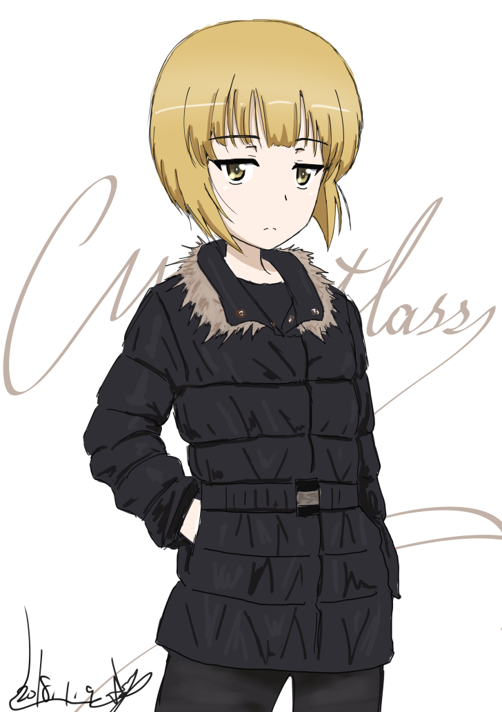 1girl artist_name bangs black_coat black_pants blonde_hair bukkuri casual character_name closed_mouth cowboy_shot cursive cutlass_(girls_und_panzer) dated eyebrows_visible_through_hair girls_und_panzer hand_in_pocket light_frown long_sleeves looking_at_viewer pants short_hair signature simple_background sketch solo white_background yellow_eyes