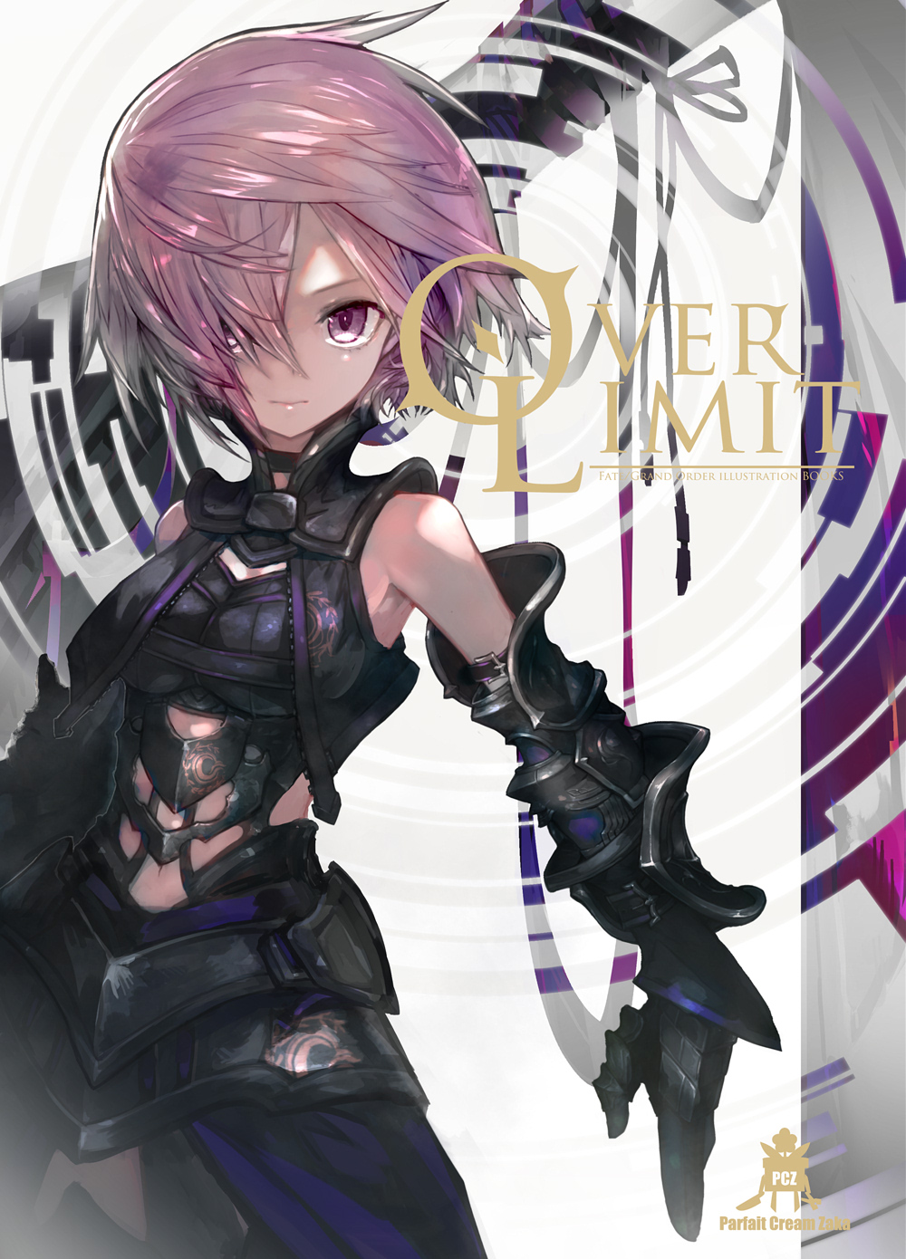 1girl armor bangs bare_shoulders belt belt_buckle black_armor black_belt black_choker black_legwear breasts buckle choker closed_mouth cover cover_page cowboy_shot doujin_cover eyebrows facing_away fate/grand_order fate_(series) gauntlets hair_between_eyes hair_over_one_eye highres kusakanmuri legs_apart looking_at_viewer mash_kyrielight medium_breasts navel purple_hair shield short_hair solo standing stomach text thigh-highs unzipped violet_eyes zettai_ryouiki zipper