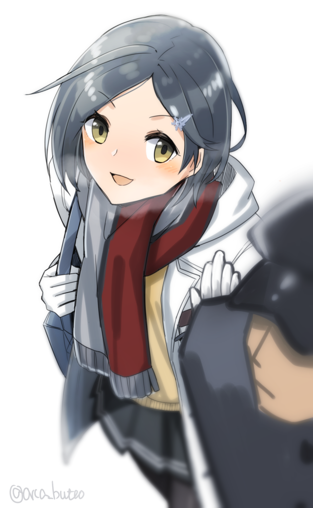 1boy 1girl admiral_(kantai_collection) bag black_hair black_hat black_legwear black_skirt blurry blush breath brown_eyes depth_of_field eyebrows_visible_through_hair gloves grey_scarf hair_ornament hairclip hand_up hat hood hood_down kantai_collection kuroshio_(kantai_collection) looking_at_viewer looking_to_the_side open_mouth pantyhose patting pleated_skirt red_scarf scarf short_hair shoulder_bag simple_background skirt snowflake_hair_ornament solo_focus twitter_username white_background white_coat white_gloves yamashiki_(orca_buteo)