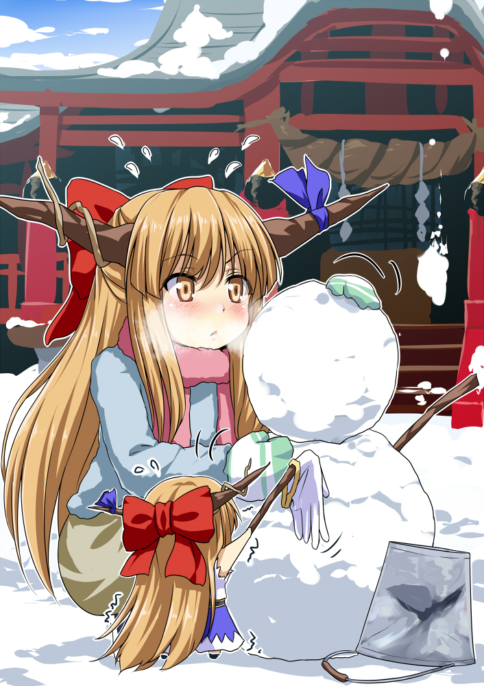 1girl :&lt; alternate_costume bangs blush bow breath bucket chibi cold commentary_request day eyebrows_visible_through_hair flying_sweatdrops gloves hair_bow horn_ribbon horns ibuki_suika kneeling light_brown_eyes light_brown_hair long_hair mittens outdoors red_bow ribbon rope scarf shimenawa shrine snow snowman solo squatting touhou umarutsufuri very_long_hair white_gloves winter winter_clothes