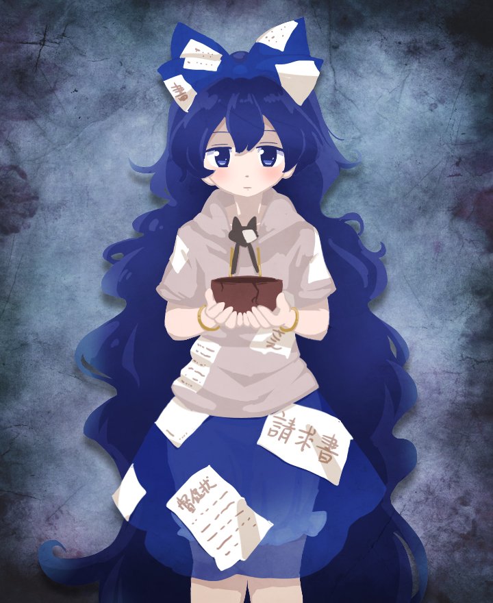 1girl :| absurdly_long_hair bangs bloomers blue_bow blue_eyes blue_hair blue_skirt blush bow bowl bracelet closed_mouth cowboy_shot crack eyebrows facing_viewer grey_hoodie hair_between_eyes hair_bow holding hood hood_down hoodie itatatata jewelry long_hair miniskirt ofuda ofuda_on_clothes see-through short_sleeves skirt solo standing stuffed_animal stuffed_cat stuffed_toy tareme touhou underwear very_long_hair white_bloomers yorigami_shion