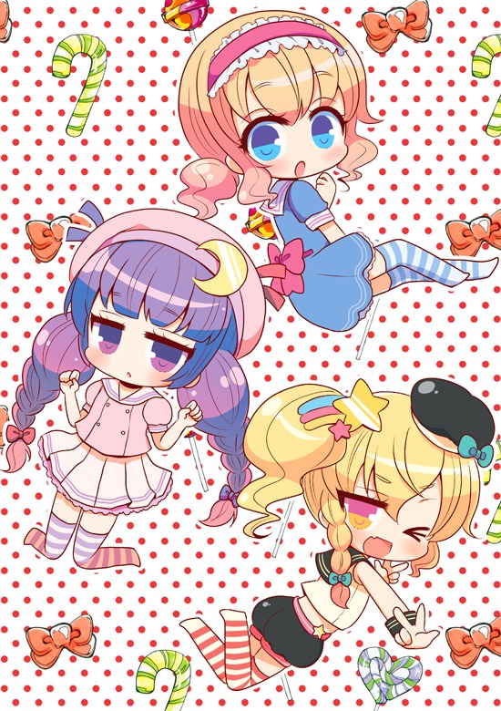 &gt;_o 3girls :o ;d alice_margatroid bangs beret black_hat black_shorts blonde_hair blouse blue_dress blue_eyes blunt_bangs blush bow braid candy candy_cane chibi commentary_request crescent dress eyebrows_visible_through_hair fang food frilled_hairband hair_between_eyes hair_ornament hairband hat heart kirisame_marisa kneeling long_hair low_twintails marshmallow_mille mini_hat multiple_girls no_shoes one_eye_closed open_mouth orange_bow parted_lips patchouli_knowledge pink_blouse pink_bow pink_hairband pink_hat pleated_skirt polka_dot polka_dot_background puffy_short_sleeves puffy_shorts puffy_sleeves purple_hair sailor_dress school_uniform serafuku shirt short_sleeves shorts side_braid side_ponytail skirt sleeveless sleeveless_shirt smile star star_hair_ornament striped striped_legwear thigh-highs touhou twin_braids twintails v v-shaped_eyebrows very_long_hair violet_eyes white_background white_shirt white_skirt wrist_cuffs