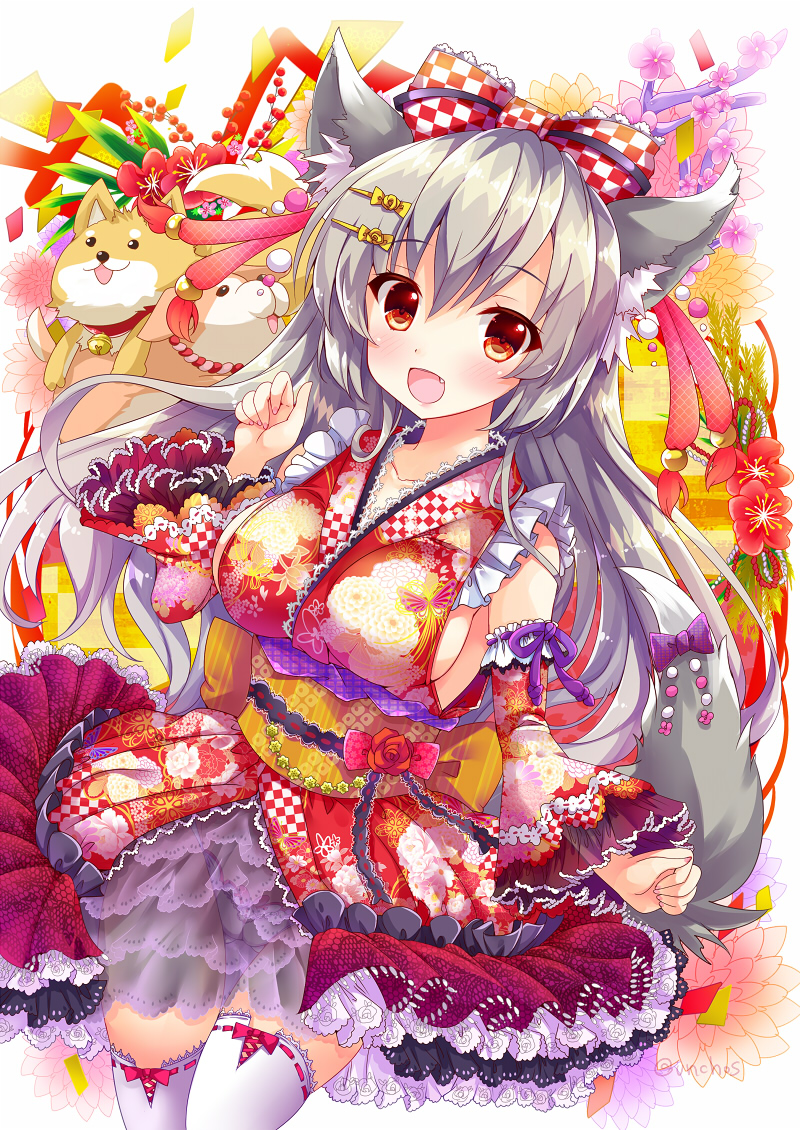 1girl :d animal animal_ears bangs blush bow breasts brown_eyes checkered_bow commentary_request detached_sleeves dog dog_ears dog_girl dog_tail eyebrows_visible_through_hair fang fingernails floral_print flower hair_between_eyes hair_bow hair_ornament hairclip hinata_momo japanese_clothes kimono lace lace-trimmed_thighhighs large_breasts long_hair long_sleeves looking_at_viewer nail_polish open_mouth original pink_flower pink_nails print_kimono purple_bow red_kimono ribbon-trimmed_legwear ribbon_trim sideboob silver_hair smile solo tail thigh-highs very_long_hair white_legwear wide_sleeves yellow_bow