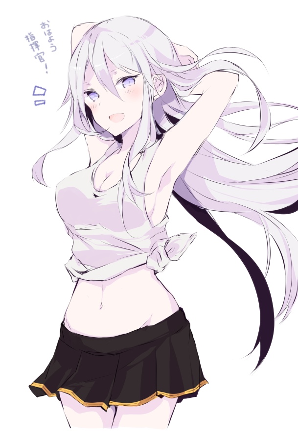1girl :d armpits arms_behind_head arms_up azur_lane bangs bare_shoulders black_skirt blush breasts cleavage commentary_request cowboy_shot crop_top enterprise_(azur_lane) floating_hair groin hair_between_eyes large_breasts lavender_eyes long_hair looking_at_viewer midriff navel open_mouth pleated_skirt shirt sidelocks silhouette silver_hair simple_background skirt smile solo sotsunaku tank_top thighs translated very_long_hair white_background white_shirt