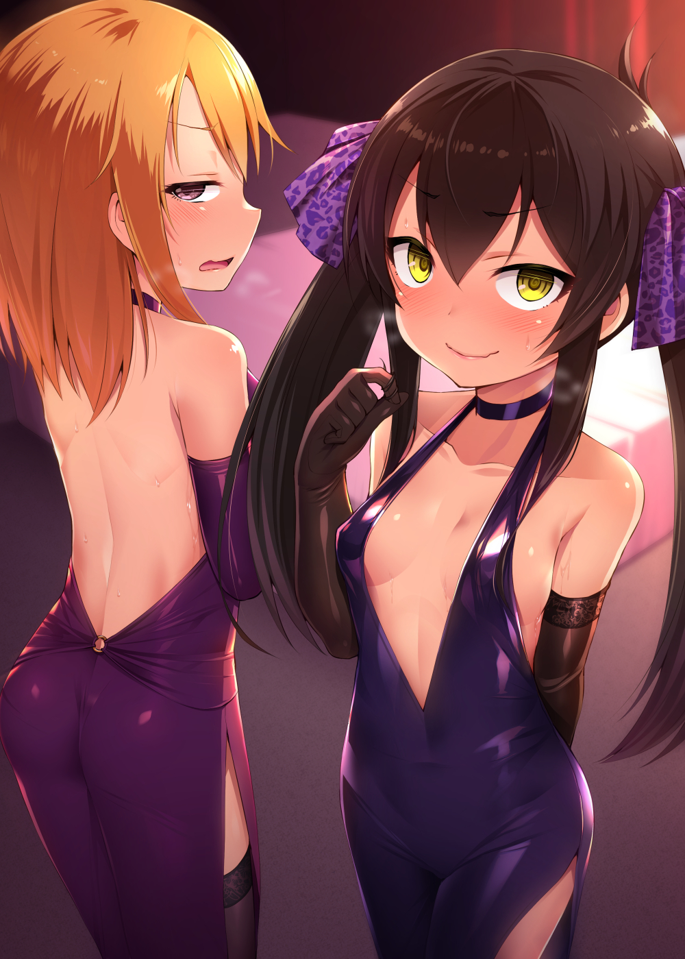 2girls animal_print ass backless_outfit bed black_gloves black_legwear blush bow breasts brown_hair choker commentary_request covered_navel dress elbow_gloves embarrassed gloves hair_between_eyes hair_bow hair_ribbon highres idolmaster idolmaster_cinderella_girls indoors leopard_print long_hair matoba_risa multiple_girls no_bra open-back_dress open_mouth orange_hair petite playing_with_own_hair print_ribbon purple_bow purple_choker purple_dress ribbon satou_kuuki short_hair small_breasts standing sweat thigh-highs violet_eyes yellow_eyes yuuki_haru