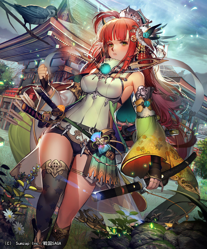 1girl armor armpits asymmetrical_legwear bangs bare_shoulders bird blush branch breasts clenched_hand crown detached_sleeves feathers fingernails flower green_eyes hair_feathers hair_ornament holding holding_sword holding_weapon impossible_clothes katana large_breasts liduke long_hair looking_at_viewer official_art outdoors parted_lips redhead sengoku_saga short_shorts shorts single_thighhigh solo standing sword thigh-highs walking watermark weapon x_hair_ornament