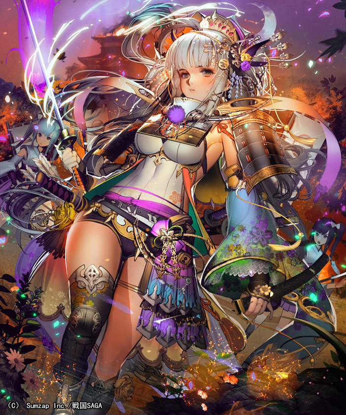 2girls armor armpits asymmetrical_legwear aura bangs blush breasts crown detached_sleeves feathers fingernails flower grey_eyes hair_feathers hair_ornament holding holding_sword holding_weapon impossible_clothes japanese_armor katana kusazuri large_breasts liduke long_hair looking_at_viewer multiple_girls night night_sky official_art outdoors pagoda parted_lips petals scabbard sengoku_saga sheath short_shorts shorts silver_hair single_thighhigh sky solo_focus standing sword thigh-highs unsheathed walking watermark weapon wide_sleeves