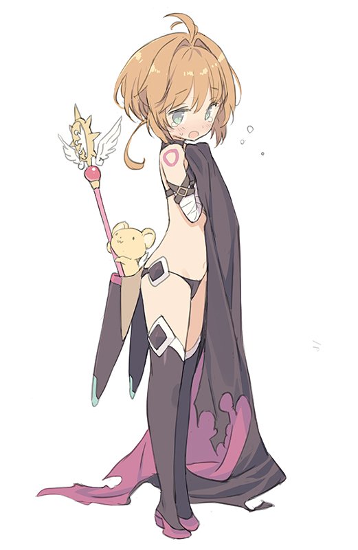 1girl :3 ahoge bandage bandaged_arm bare_shoulders black_bra black_footwear black_panties blade_(galaxist) blue_eyes blush boots bra brown_hair cape_removed card_captor_sakura commentary_request cosplay covering covering_breasts creature embarrassed eyebrows_visible_through_hair fate/apocrypha fate_(series) flying_teardrops full_body hair_intakes high_heel_boots high_heels jack_the_ripper_(fate/apocrypha) jack_the_ripper_(fate/apocrypha)_(cosplay) kero kinomoto_sakura looking_at_viewer navel open_mouth panties scabbard seiyuu_connection sheath short_hair simple_background solo standing tange_sakura tattoo tears thigh-highs thigh_boots underwear wand white_background yume_no_tsue