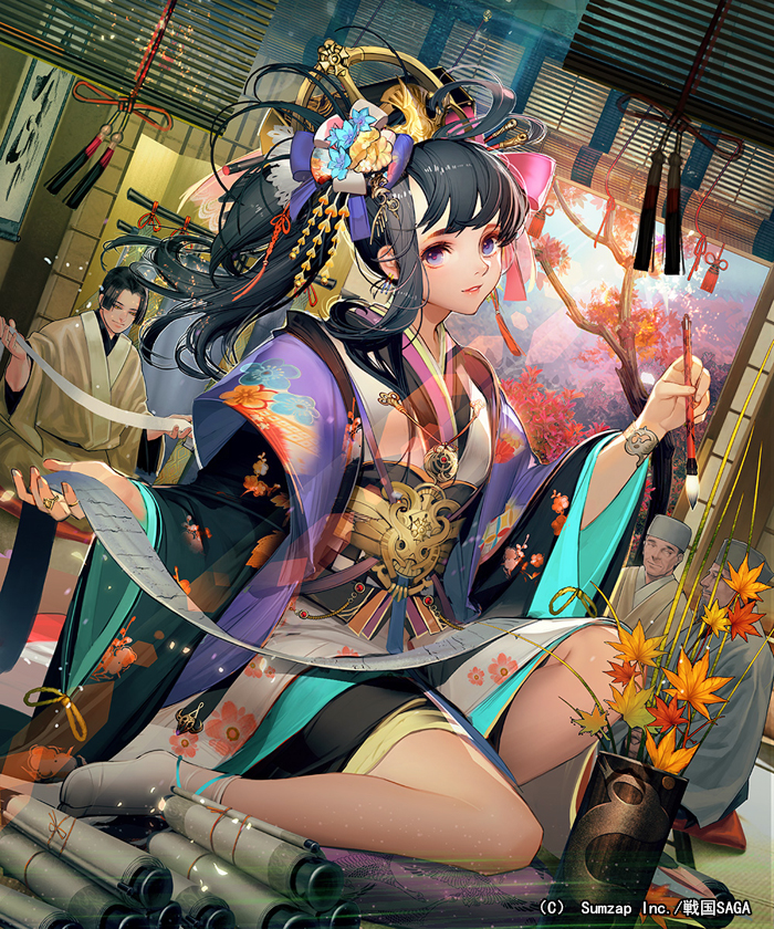 1girl 3boys autumn bangs black_hair blue_eyes bracelet branch calligraphy_brush day fingernails hair_ornament head_tilt holding indoors japanese_clothes jewelry kimono knee_up leaf liduke light_rays long_hair long_sleeves looking_at_viewer maple_leaf multiple_boys obi official_art paintbrush paper parted_lips ring sash sengoku_saga sitting smile solo_focus tabi tassel tied_hair tree white_legwear wide_sleeves writing