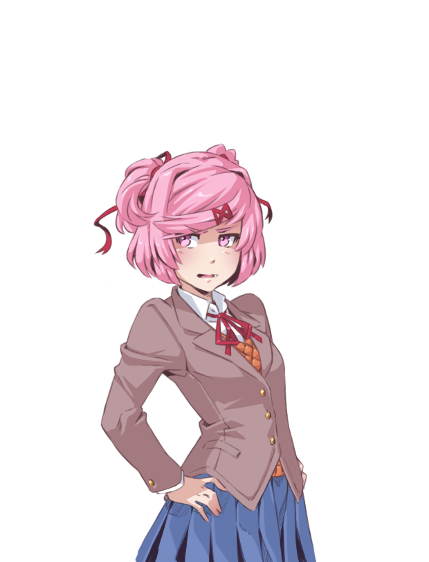 1girl blue_skirt doki_doki_literature_club eyebrows_visible_through_hair frown hair_ornament hair_ribbon hairclip hands_on_hips jacket looking_at_viewer natsuki_(doki_doki_literature_club) neck_ribbon open_mouth petite-emi pink_eyes pink_hair pleated_skirt ribbon school_uniform shirt short_hair simple_background skirt solo two_side_up white_background white_shirt