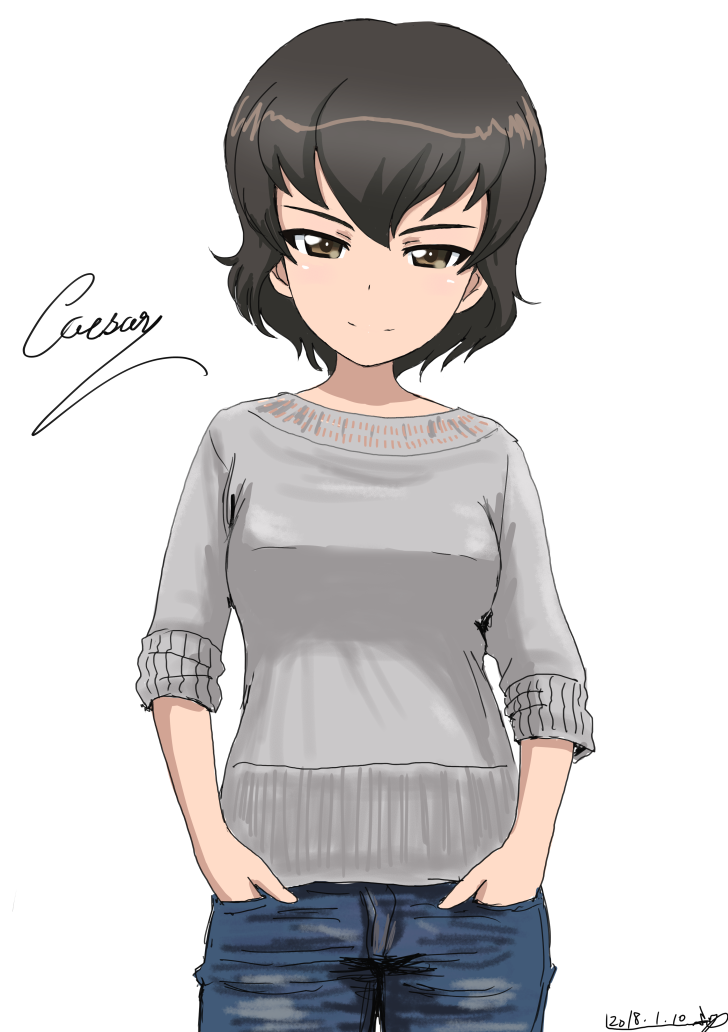 1girl artist_name blue_pants brown_eyes brown_hair bukkuri caesar_(girls_und_panzer) casual character_name closed_mouth cowboy_shot cursive dated denim girls_und_panzer grey_sweater hands_in_pockets jeans long_sleeves looking_at_viewer pants short_hair signature simple_background sketch sleeves_rolled_up smile solo standing white_background