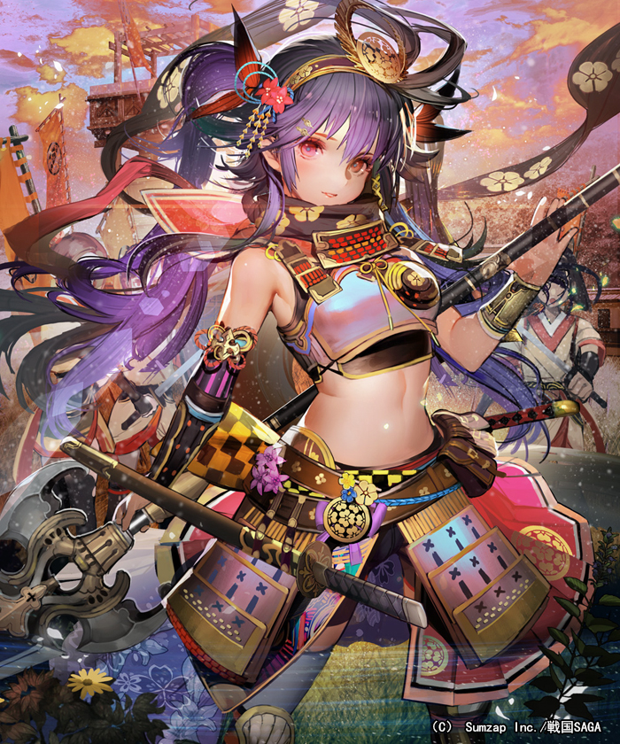 4girls armor armpits bare_shoulders belt bracer clouds cloudy_sky contrapposto cowboy_shot detached_sleeves eyeshadow faulds hair_between_eyes hairband hand_up holding holding_weapon japanese_armor katana liduke long_hair looking_at_viewer makeup midriff multiple_girls navel official_art outdoors purple_hair red_eyes sengoku_saga sky solo_focus standing sword watermark weapon