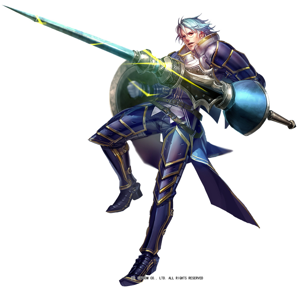 1boy armor blue_hair boots coat full_body glasses glint greaves holding holding_weapon lance liduke looking_at_viewer male_focus monster_hunter official_art pants pauldrons plate polearm red_eyes shield simple_background solo standing standing_on_one_leg watermark weapon white_background