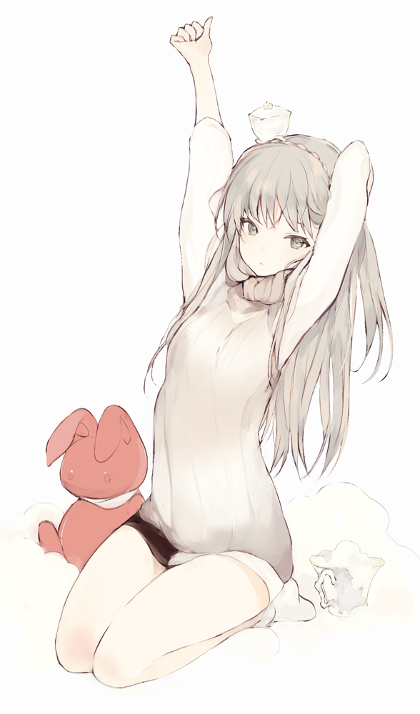 1girl arms_up blush braid closed_mouth full_body grey_eyes grey_sweater hand_behind_head hat long_hair long_sleeves looking_at_viewer lpip mini_hat original seiza simple_background sitting socks solo stretch stuffed_animal stuffed_bunny stuffed_toy sweater white_background white_legwear