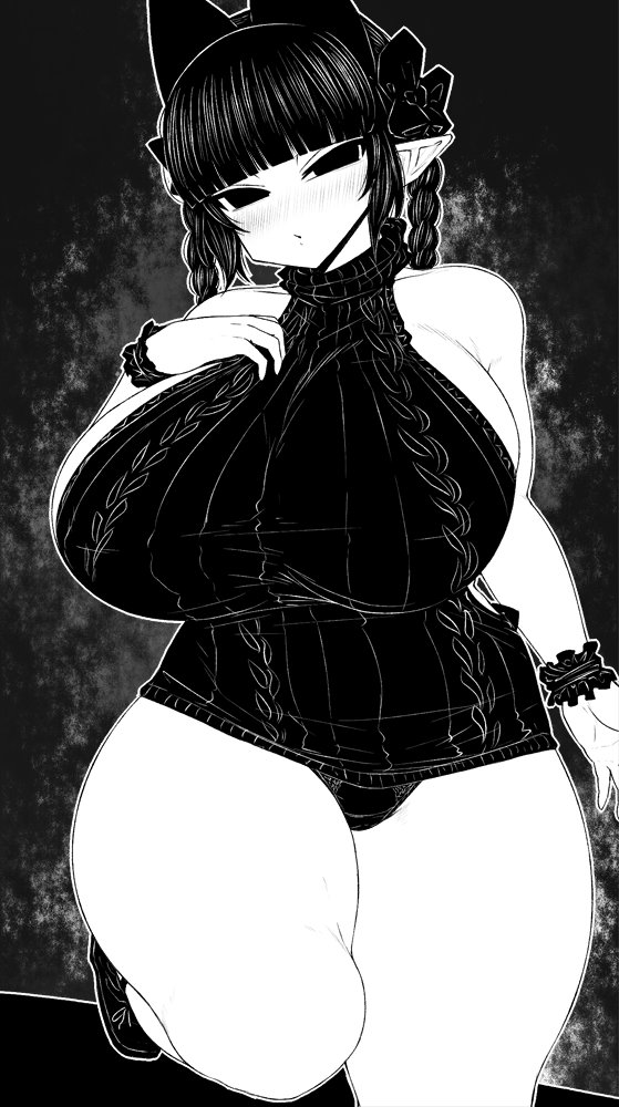 1girl alternate_costume animal_ears arm_at_side bangs bare_arms bare_shoulders blunt_bangs bow braid breasts cat_ears ginku_mh greyscale hair_bow hand_on_own_chest huge_breasts kaenbyou_rin looking_at_viewer monochrome panties pointy_ears ribbed_sweater solo sweater thick_thighs thighs touhou turtleneck turtleneck_sweater twin_braids underwear wrist_cuffs