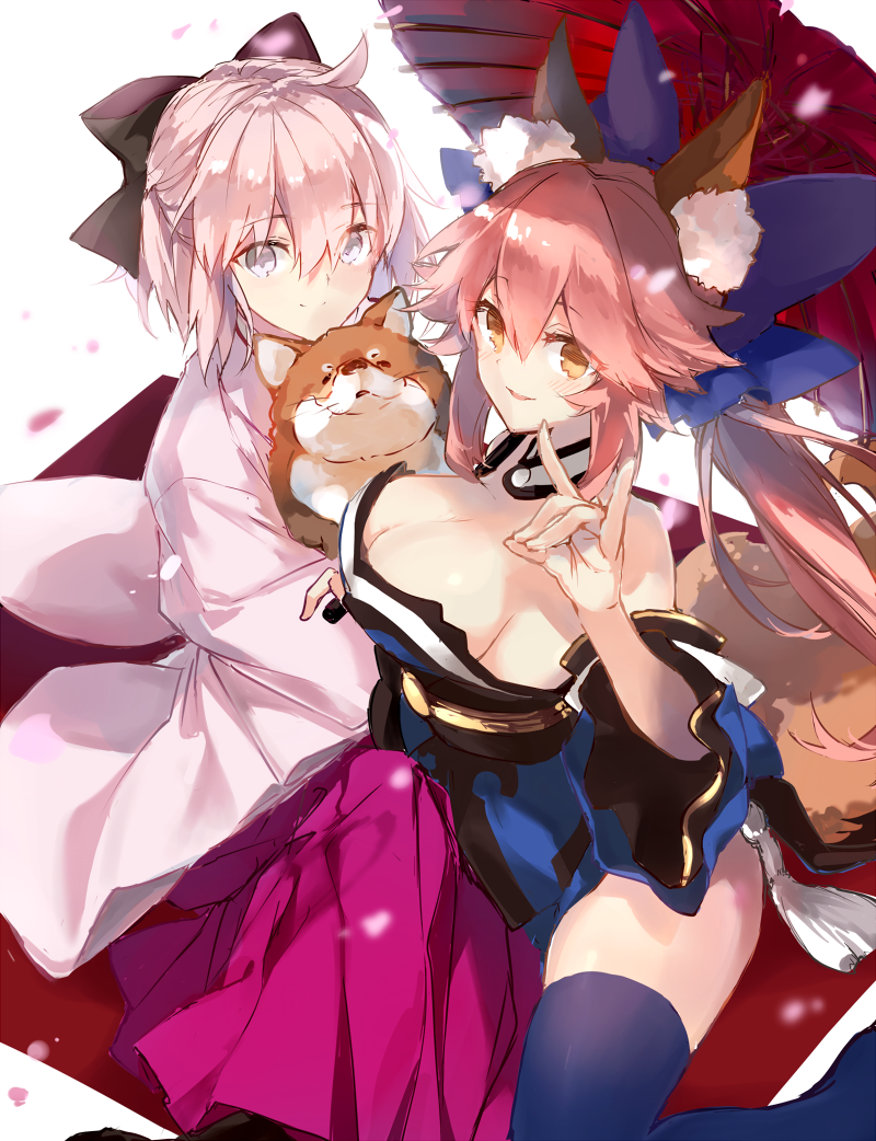 2girls ahoge animal animal_ears blue_legwear bow breasts cherry_blossoms cleavage commentary_request detached_sleeves dog fate/grand_order fate_(series) fox_ears fox_shadow_puppet fox_tail fukuda935 hair_bow hair_ornament hair_ribbon hakama japanese_clothes large_breasts looking_at_viewer meiji_schoolgirl_uniform multiple_girls nontraditional_miko okita_souji_(fate) petals pink_hair pleated_skirt ribbon short_hair skirt tail tamamo_(fate)_(all) tamamo_no_mae_(fate) thigh-highs yellow_eyes