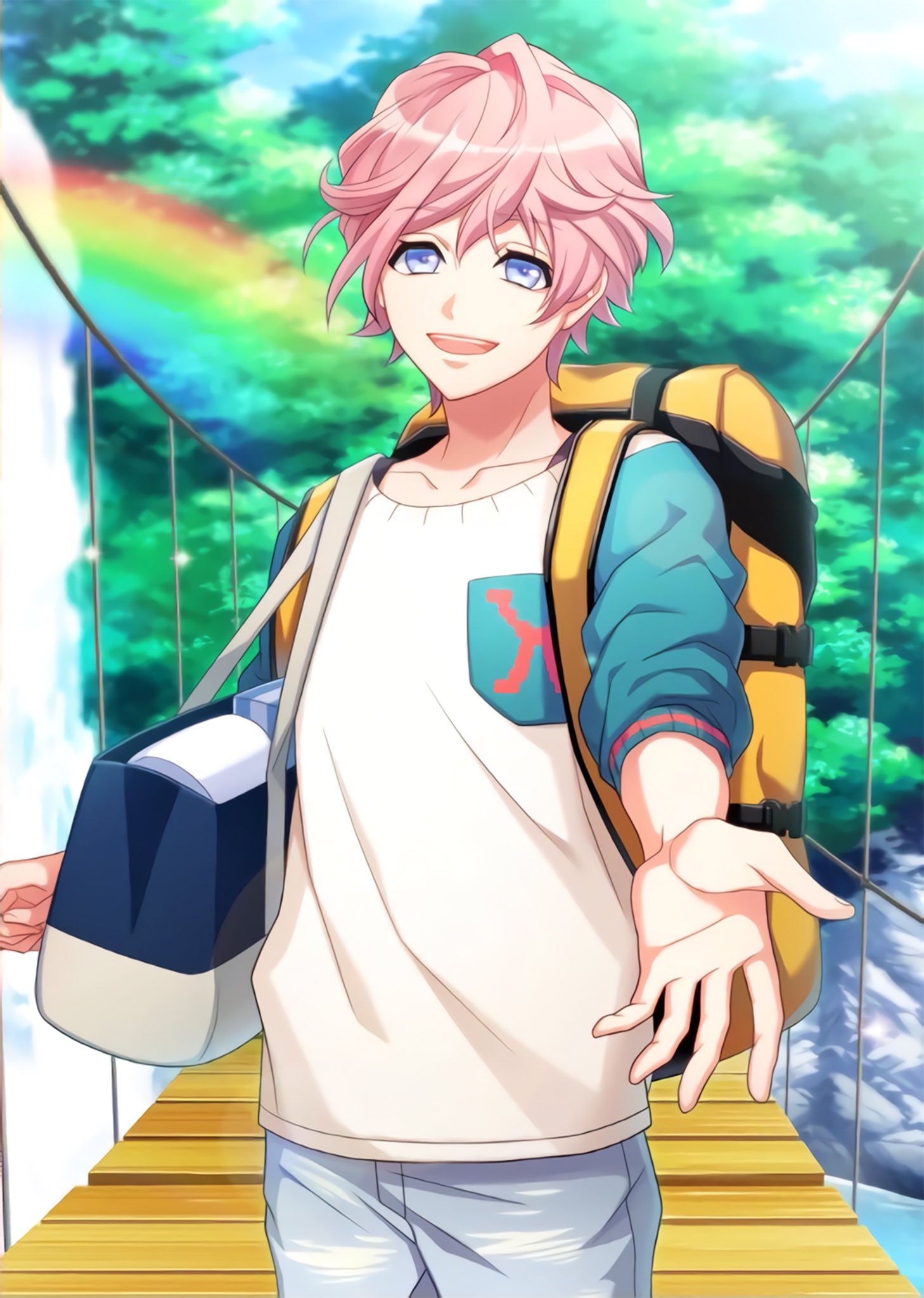 a3! backpack bag blue_eyes bridge eyebrows_visible_through_hair foreshortening forest highres looking_at_viewer male_focus nature official_art open_mouth outstretched_hand pink_hair rainbow reaching reaching_out sakisaka_muku smile solo water waterfall
