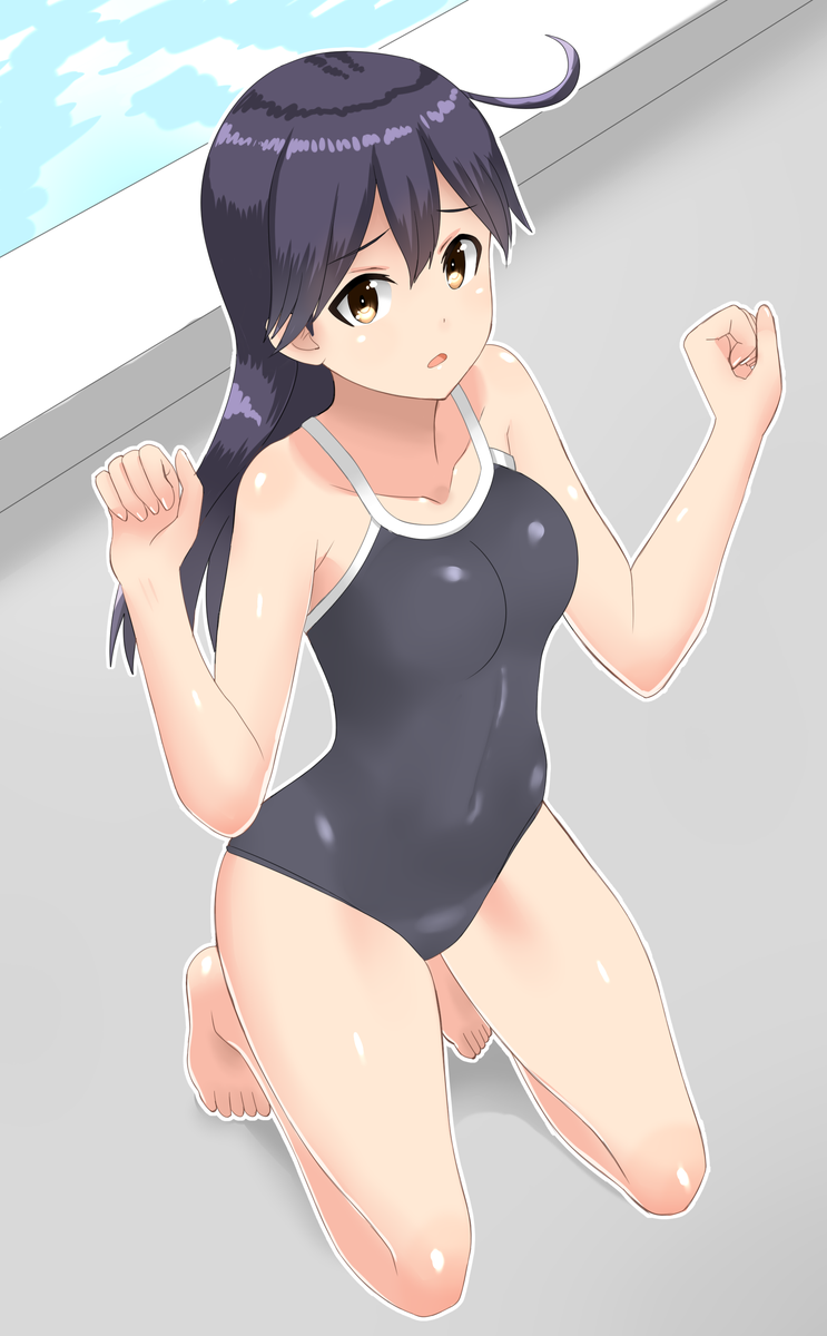1girl 30-06 barefoot black_hair black_swimsuit breasts brown_eyes competition_school_swimsuit covered_navel full_body highres kantai_collection kneeling long_hair looking_at_viewer medium_breasts one-piece_swimsuit open_mouth poolside school_swimsuit solo swimsuit ushio_(kantai_collection) w_arms