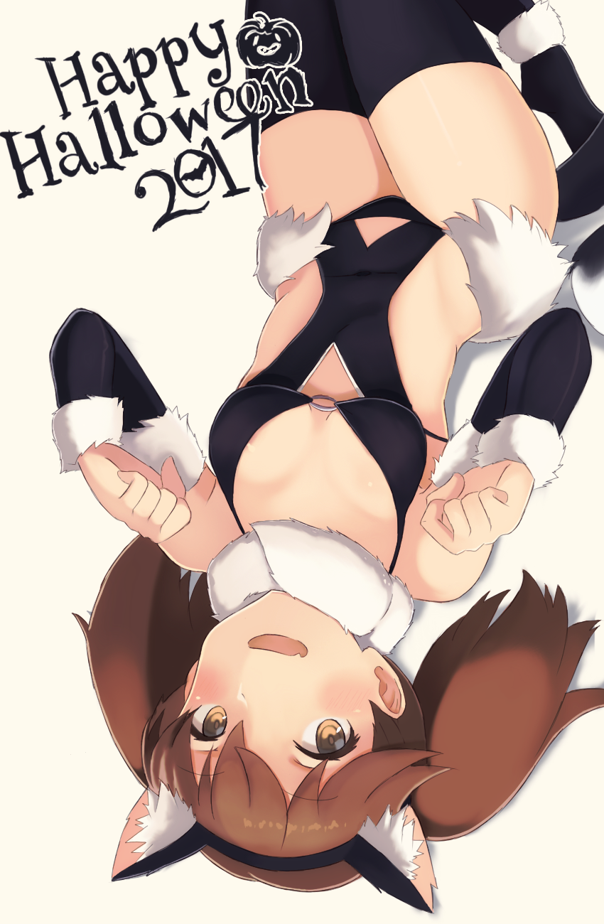 1girl 2017 animal_ears black_legwear black_swimsuit blush brown_eyes brown_hair cat_ears covered_navel detached_sleeves eyebrows_visible_through_hair fake_animal_ears fang fur_trim hairband halloween happy_halloween highres kantai_collection looking_at_viewer lying o-ring_top on_back open_mouth ryuujou_(kantai_collection) smile solo sonzai_soumei swimsuit thigh-highs twintails
