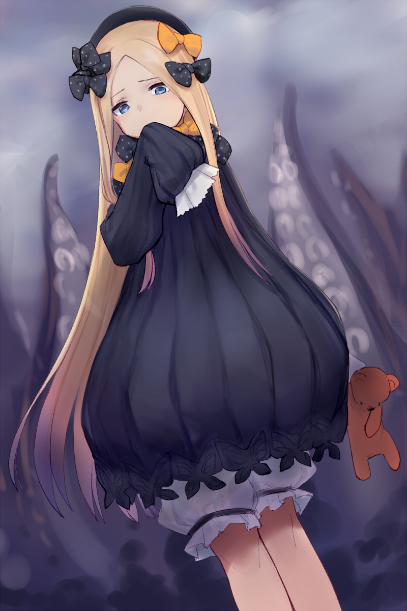 1girl abigail_williams_(fate/grand_order) bangs black_bow black_dress black_hat blonde_hair bloomers blue_eyes bow butterfly commentary_request covering_mouth dress dutch_angle fate/grand_order fate_(series) hair_bow hat highres holding holding_stuffed_animal long_hair long_sleeves looking_at_viewer orange_bow papipana parted_bangs polka_dot polka_dot_bow sleeves_past_wrists solo stuffed_animal stuffed_toy teddy_bear tentacle underwear very_long_hair white_bloomers