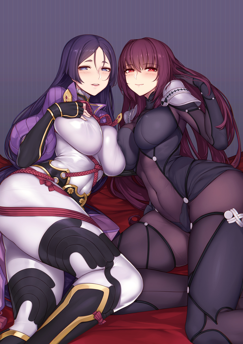 2girls asymmetrical_docking bangs black_gloves blue_eyes blush bodysuit breast_press breasts bright_pupils closed_mouth covered_navel curvy evan_yang eyebrows_visible_through_hair fate/grand_order fate_(series) fingerless_gloves gloves huge_breasts impossible_bodysuit impossible_clothes large_breasts light_smile long_hair looking_at_viewer lying minamoto_no_raikou_(fate/grand_order) multiple_girls on_side parted_bangs parted_lips pauldrons purple_hair red_eyes scathach_(fate/grand_order) turtleneck