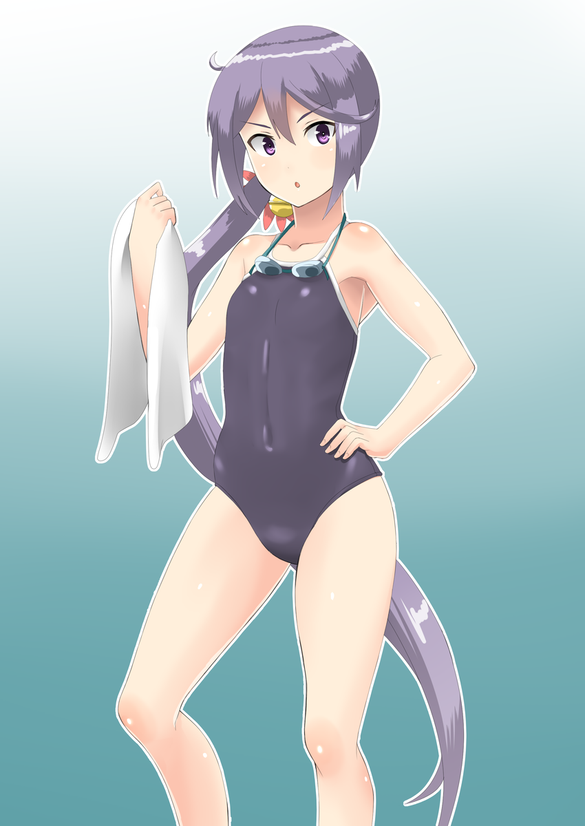 1girl 30-06 :o akebono_(kantai_collection) bell blue_background blue_swimsuit competition_school_swimsuit flower goggles goggles_around_neck hair_bell hair_flower hair_ornament highres jingle_bell kantai_collection long_hair one-piece_swimsuit purple_hair school_swimsuit side_ponytail smile solo swimsuit very_long_hair violet_eyes