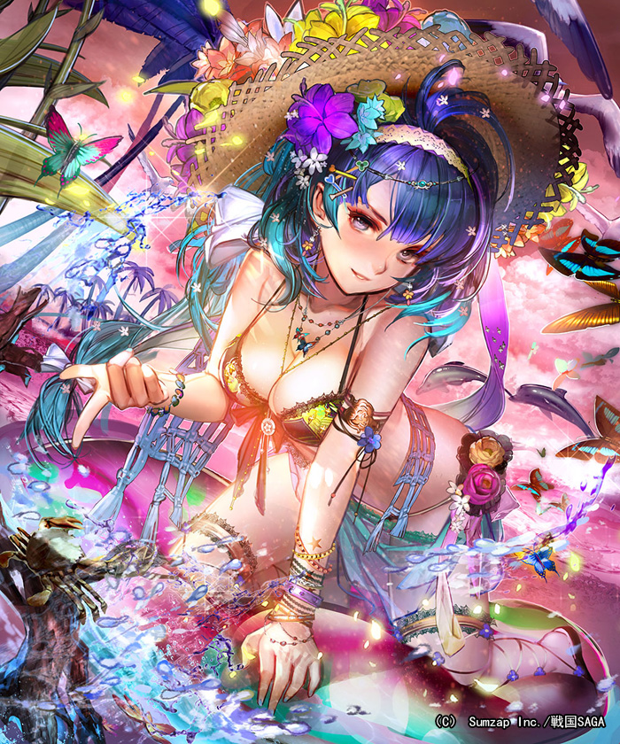 bare_shoulders bikini bird blue_hair blush bracelet breasts butterfly dutch_angle earrings fingernails flower green_nails hair_flower hair_ornament hairclip hat inflatable_toy jewelry kneeling large_breasts liduke long_hair looking_at_viewer nail_polish necklace ocean official_art outdoors pointing pointing_at_viewer sarong seagull sengoku_saga smile straw_hat swimsuit violet_eyes water watermark