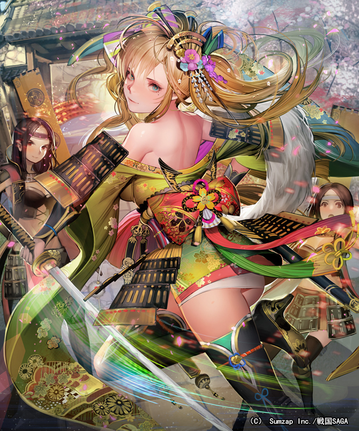 3girls back bangs bare_shoulders blonde_hair blue_eyes boots closed_mouth floral_print from_behind hair_ornament high_heel_boots high_heels holding holding_sword holding_weapon japanese_clothes katana kimono liduke looking_at_viewer looking_back mole mole_under_eye multiple_girls obi off_shoulder official_art outdoors sash sengoku_saga short_kimono smile solo_focus standing standing_on_one_leg sword thigh-highs thigh_boots twintails watermark weapon