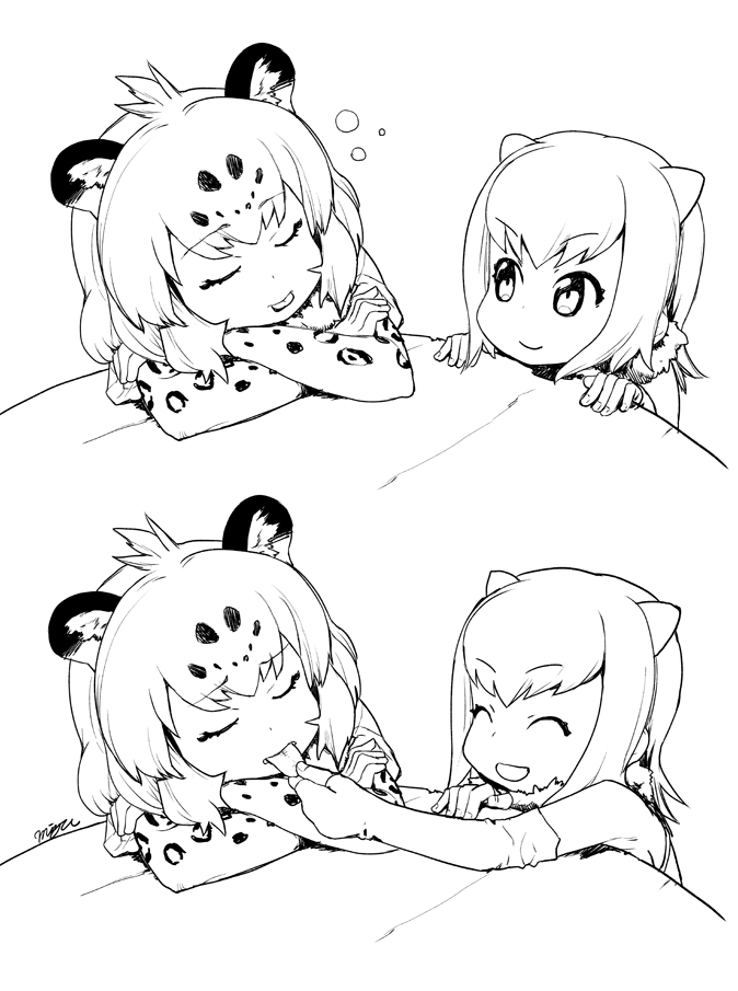 2girls 2koma :d ^_^ closed_eyes comic crossed_arms elbow_gloves extra_ears eyebrows_visible_through_hair fingerless_gloves gloves greyscale jaguar_(kemono_friends) jaguar_ears jaguar_print kemono_friends looking_at_another mizu monochrome multiple_girls open_mouth otter_ears print_gloves short_hair silent_comic sleeping small-clawed_otter_(kemono_friends) smile tongue tongue_grab tongue_out v-shaped_eyebrows