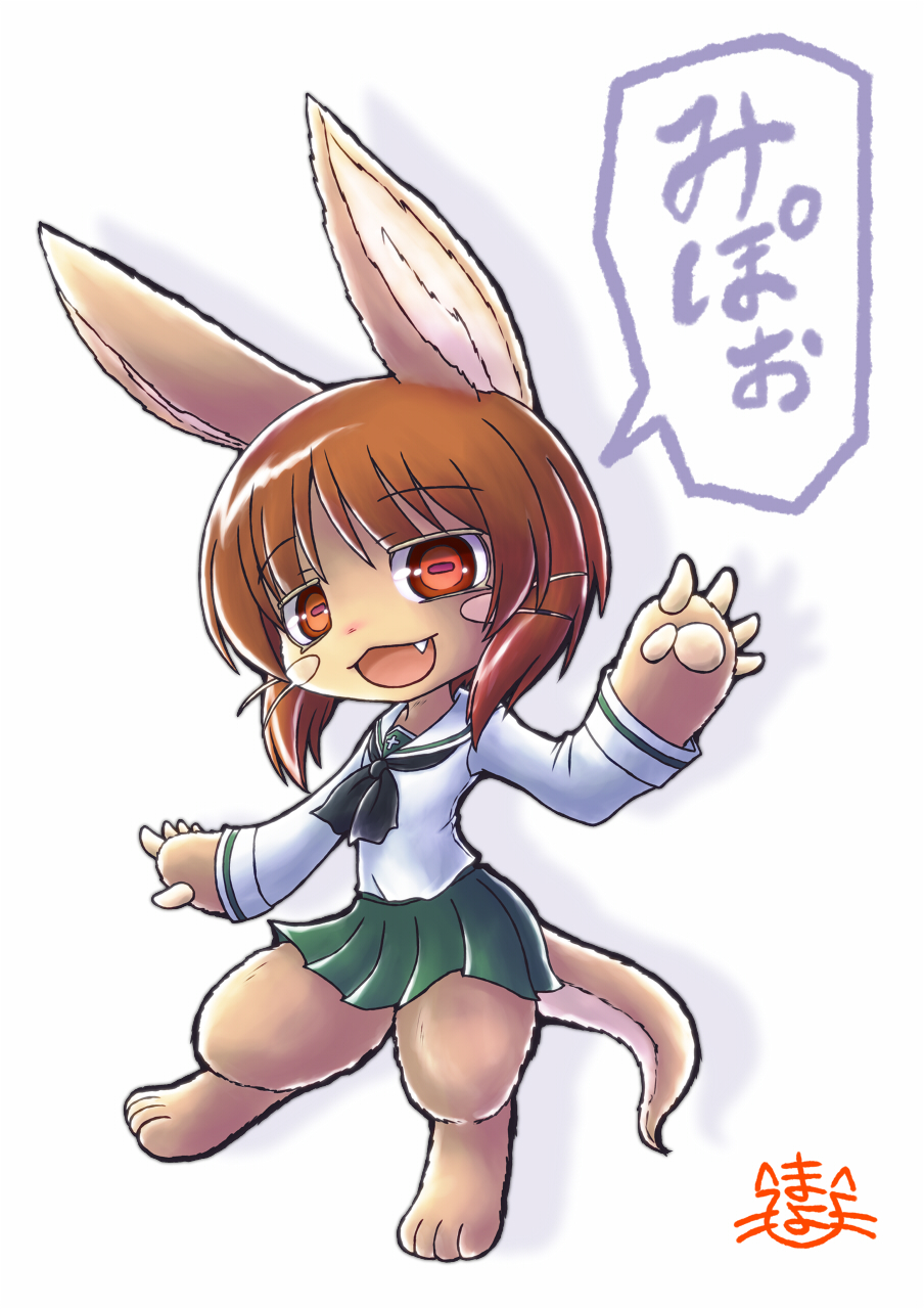 1girl animal_ears artist_name blush_stickers comic commentary_request cosplay crossover eyebrows_visible_through_hair fang girls_und_panzer highres long_sleeves made_in_abyss mayohi_neko nanachi_(made_in_abyss) neckerchief nishizumi_miho nishizumi_miho_(cosplay) ooarai_school_uniform open_mouth orange_eyes orange_hair paws pleated_skirt rabbit_ears school_uniform serafuku skirt smile solo tail translation_request whiskers white_background