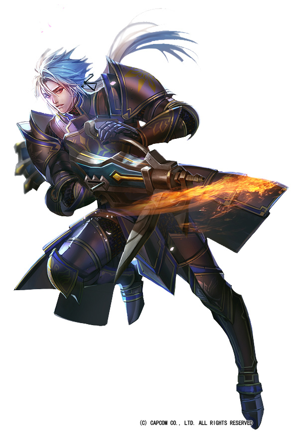 1boy armor blue_hair boots bow_(weapon) crossbow fire full_body gauntlets holding holding_weapon liduke long_hair looking_at_viewer male_focus monster_hunter official_art parted_lips pauldrons plate_armor ponytail red_eyes simple_background solo standing standing_on_one_leg watermark weapon white_background