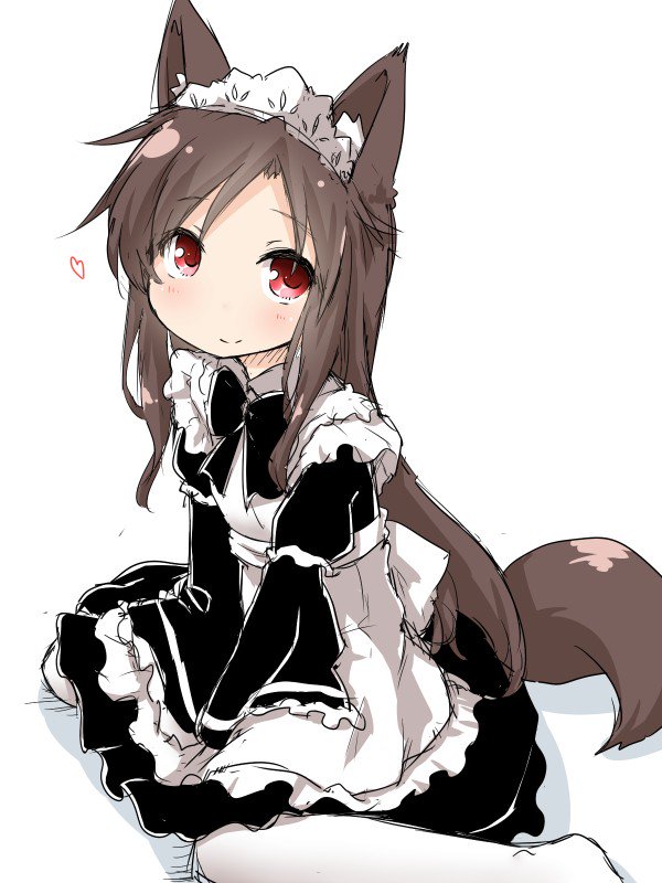 1girl alternate_costume animal_ears apron black_dress brown_hair commentary_request dress enmaided imaizumi_kagerou long_hair looking_at_viewer maid maid_headdress natsu_no_koucha pantyhose red_eyes simple_background sitting smile solo tail touhou white_background white_legwear wolf_ears wolf_tail younger
