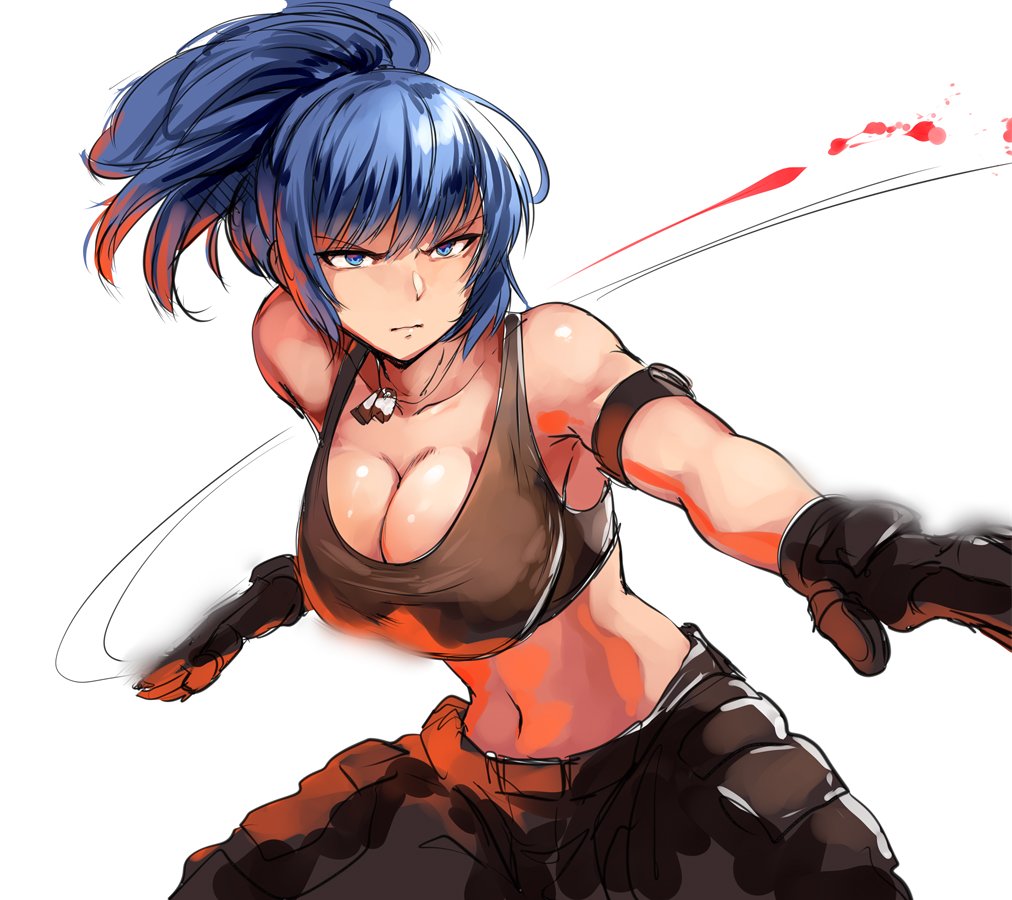 1girl attack bangs bare_shoulders belt black_gloves blood blue_eyes blue_hair breasts cleavage closed_mouth commentary_request cowboy_shot dog_tags eyebrows_visible_through_hair frown gloves large_breasts legs_apart leona_heidern lolicept looking_at_viewer metal_slug midriff pants ponytail solo tank_top whistle