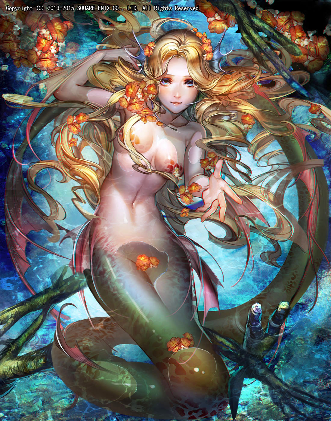 1girl bangs blonde_hair blue_eyes blush breasts convenient_censoring emperors_saga flower highres liduke long_hair looking_at_viewer medium_breasts mermaid monster_girl navel nude official_art parted_bangs parted_lips partially_submerged reaching_out smile solo water water_surface watermark