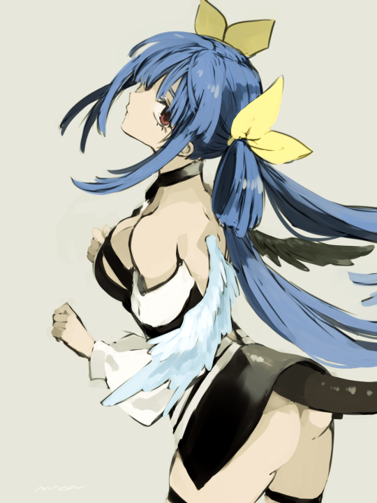 1girl ass asymmetrical_wings bare_shoulders blue_hair breasts dizzy guilty_gear guilty_gear_xrd hair_ribbon long_hair looking_at_viewer looking_back maka_(morphine) medium_breasts red_eyes ribbon simple_background solo tail thigh-highs twintails wings