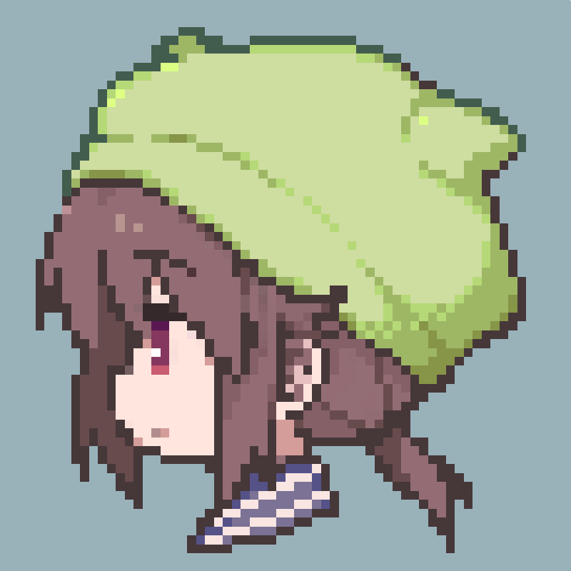 1girl brown_eyes brown_hair character_request closed_mouth copyright_request eyebrows_visible_through_hair from_side green_hat hat looking_away okayparium pixel_art short_hair short_ponytail solo upper_body