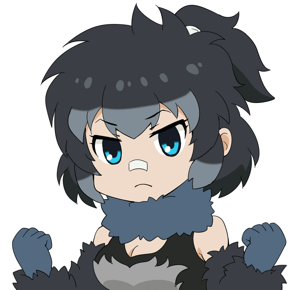 1girl bandaid bandaid_on_nose bare_shoulders blue_eyes breasts cleavage eyebrows_visible_through_hair fur_collar fur_trim gloves gorilla_(kemono_friends) kemono_friends kisachi multicolored multicolored_clothes multicolored_hair