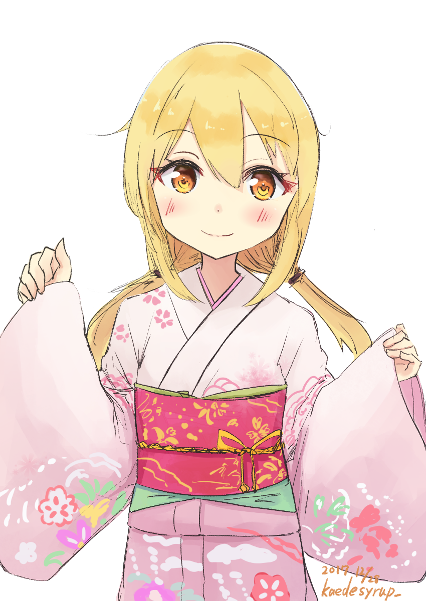 1girl alternate_costume artist_name blonde_hair cowboy_shot dated floral_print gradient_kimono highres japanese_clothes kaede_shiroppu kantai_collection kimono long_hair looking_at_viewer obi pink_kimono sash satsuki_(kantai_collection) simple_background smile solo twintails w_arms white_background yellow_eyes