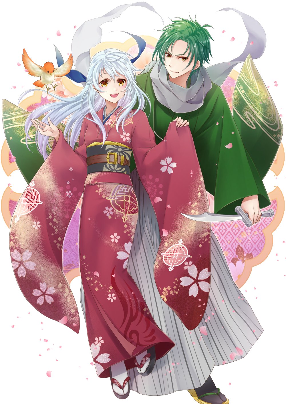 1boy 1girl bird black_legwear dagger fire_emblem fire_emblem:_akatsuki_no_megami floral_print green_hair hair_ribbon half_updo happy_new_year highres japanese_clothes kaboplus_ko kimono long_sleeves micaiah new_year petals ribbon sandals scarf silver_hair socks sothe weapon white_legwear white_scarf yellow_eyes yune