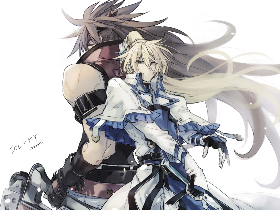 2boys back-to-back belt blonde_hair brown_hair capelet fingerless_gloves gloves guilty_gear guilty_gear_xrd hair_ribbon holding holding_sword holding_weapon ky_kiske long_hair maka_(morphine) multiple_belts multiple_boys ponytail ribbon signature sol_badguy spiky_hair sword weapon