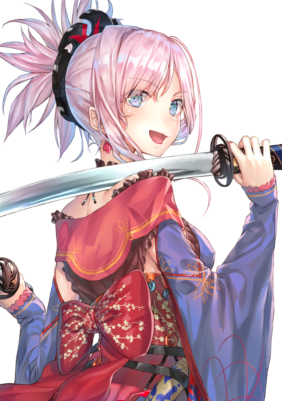 1girl back bangs blue_eyes breasts detached_sleeves dual_wielding eyebrows_visible_through_hair fate/grand_order fate_(series) from_behind hair_ornament hakuishi_aoi hands_up highres holding holding_sword holding_weapon japanese_clothes katana kimono large_breasts lips looking_at_viewer looking_back miyamoto_musashi_(fate/grand_order) obi open_mouth pink_hair ponytail purple_kimono sash shiny shiny_hair sidelocks simple_background sleeves_past_wrists smile solo sword weapon white_background
