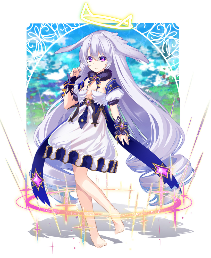 1girl absurdly_long_hair barefoot blurry blurry_background breasts dress drill_hair full_body grey_hair hair_wings halo long_hair looking_at_viewer nyori original outdoors puffy_short_sleeves puffy_sleeves short_sleeves small_breasts solo standing very_long_hair violet_eyes white_dress