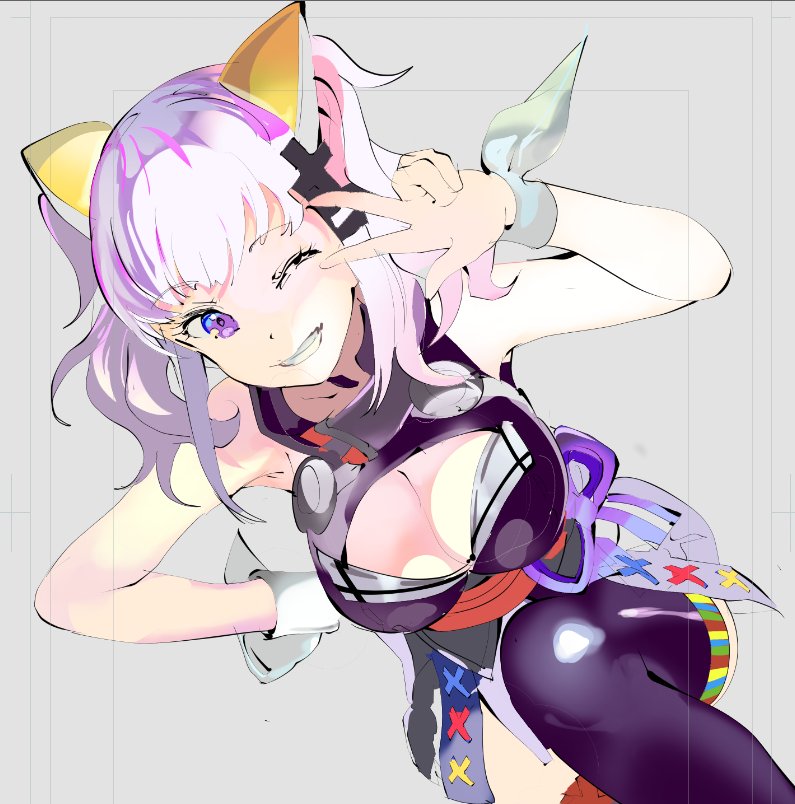 119 1girl bangs blue_eyes breasts cleavage cleavage_cutout hair_ornament hairclip kaguya_luna kaguya_luna_(character) large_breasts looking_at_viewer one_eye_closed silver_hair sleeveless solo twintails v wrist_cuffs