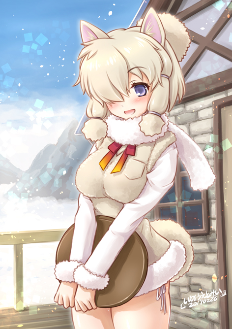1girl alpaca_ears alpaca_suri_(kemono_friends) alpaca_tail breast_pocket dated day eyebrows_visible_through_hair fur-trimmed_sleeves fur_collar fur_trim hair_over_one_eye inoue_tomii kemono_friends long_sleeves looking_at_viewer medium_hair no_pants open_mouth outdoors pocket scarf smile solo standing sweater upper_body v_arms violet_eyes