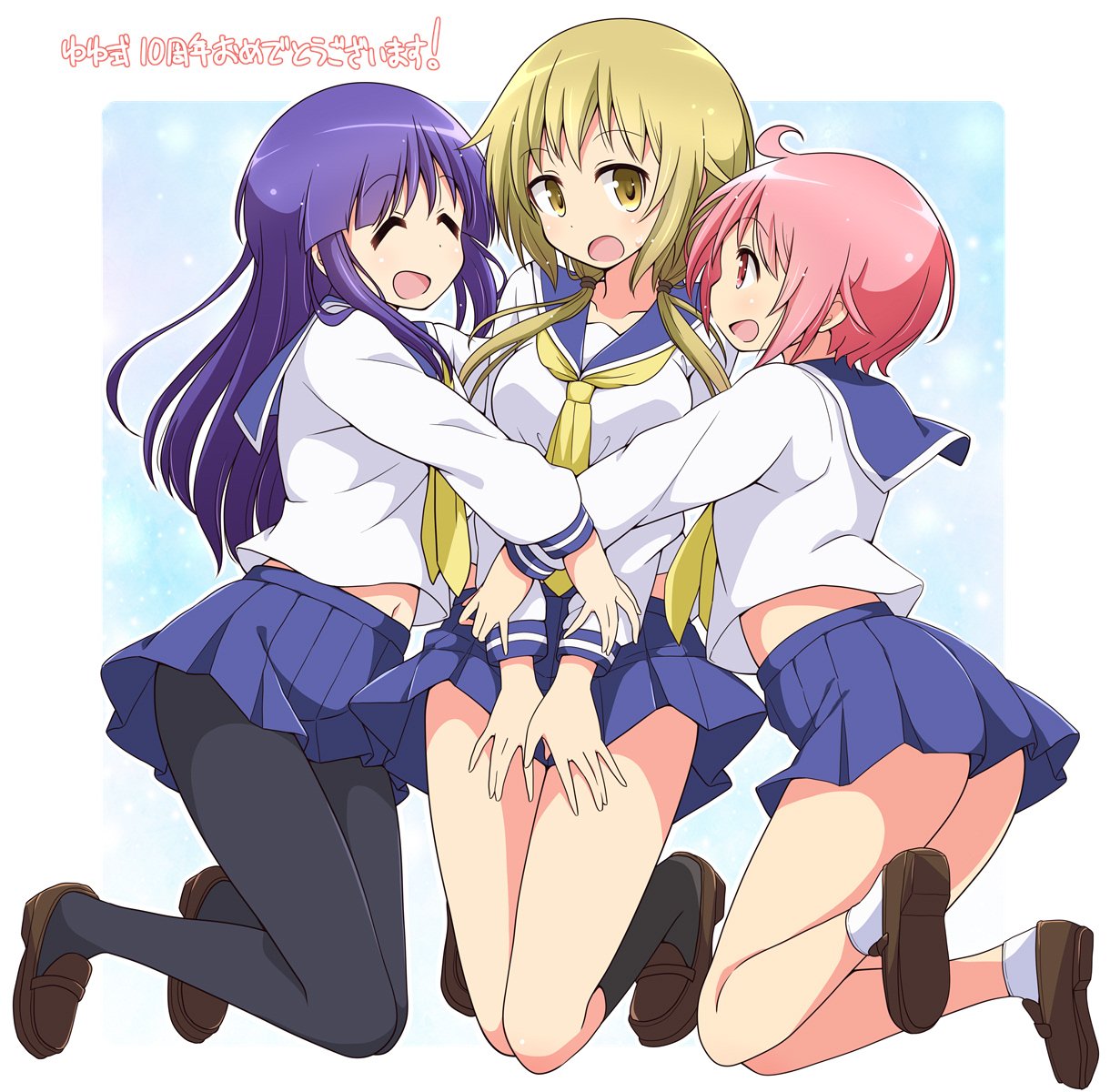 3girls :d :o ^_^ ahoge bangs black_legwear blonde_hair blouse blue_sailor_collar blue_skirt breasts brown_footwear closed_eyes collarbone commentary_request eyebrows_visible_through_hair full_body girl_sandwich group_hug hair_tie highres hinata_yukari hug ichii_yui jumping kneehighs loafers long_hair long_sleeves looking_at_another low_twintails medium_breasts mel_(melty_pot) midriff_peek multiple_girls neckerchief nonohara_yuzuko open_mouth pantyhose pink_eyes pink_hair pleated_skirt purple_hair sailor_collar sandwiched school_uniform school_uniform_(yuyushiki) serafuku shoes short_hair sidelocks skirt smile socks translation_request twintails two-tone_background white_blouse white_legwear yellow_eyes yellow_neckwear yuyushiki