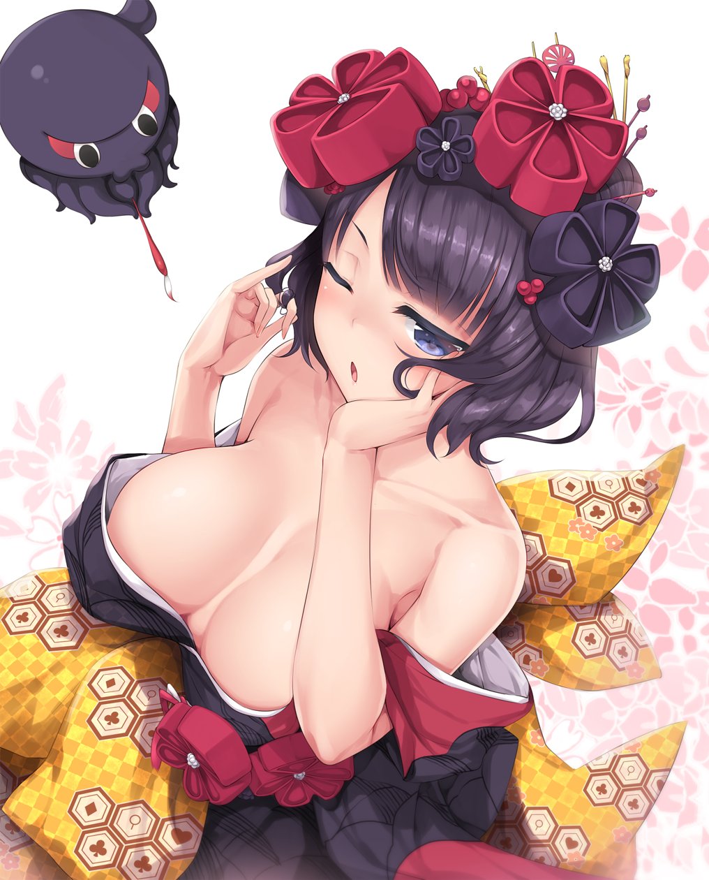 1girl bare_shoulders black_hair blue_eyes blush breasts commentary_request fate/grand_order fate_(series) flower hair_flower hair_ornament hair_twirling hairpin highres japanese_clothes katsushika_hokusai_(fate/grand_order) kimono large_breasts looking_at_viewer nakano_sora obi octopus one_eye_closed open_mouth paintbrush sash short_hair solo
