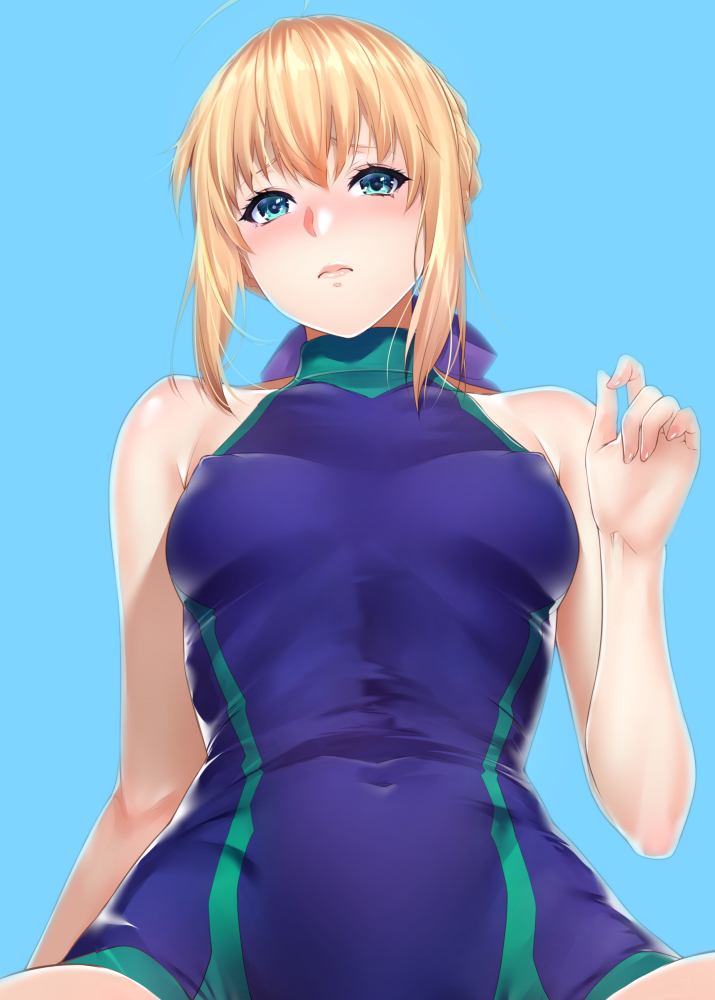 1girl artoria_pendragon_(all) bare_shoulders blonde_hair blue_background blue_eyes blush breasts covered_navel covered_nipples fate/stay_night fate_(series) looking_at_viewer one-piece_swimsuit saber simple_background solo swimsuit zucchini