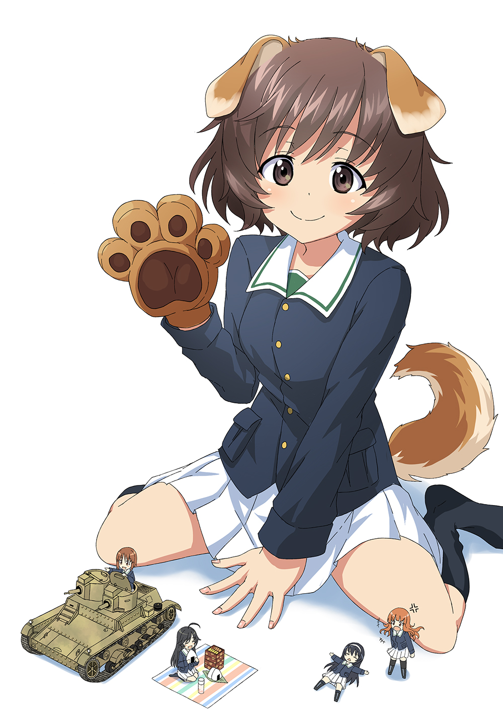 5girls ahoge akiyama_yukari anger_vein angry animal_ears arm_support bangs black_footwear black_hair black_legwear blue_jacket boots brown_eyes brown_hair closed_eyes closed_mouth dog_ears dog_tail eyebrows_visible_through_hair food full_body girls_und_panzer gloves green_shirt hairband highres holding holding_food isuzu_hana jacket kemonomimi_mode kuro_oolong long_sleeves looking_at_another looking_at_viewer lying messy_hair military military_uniform minigirl miniskirt multiple_girls nishizumi_miho no_shoes obentou on_back onigiri ooarai_military_uniform open_mouth orange_hair paw_gloves paws picnic pleated_skirt pointing reizei_mako seiza shirt short_hair simple_background sitting skirt sleeping smile socks tail takebe_saori thermos uniform vehicle_request wariza waving white_background white_hairband white_skirt