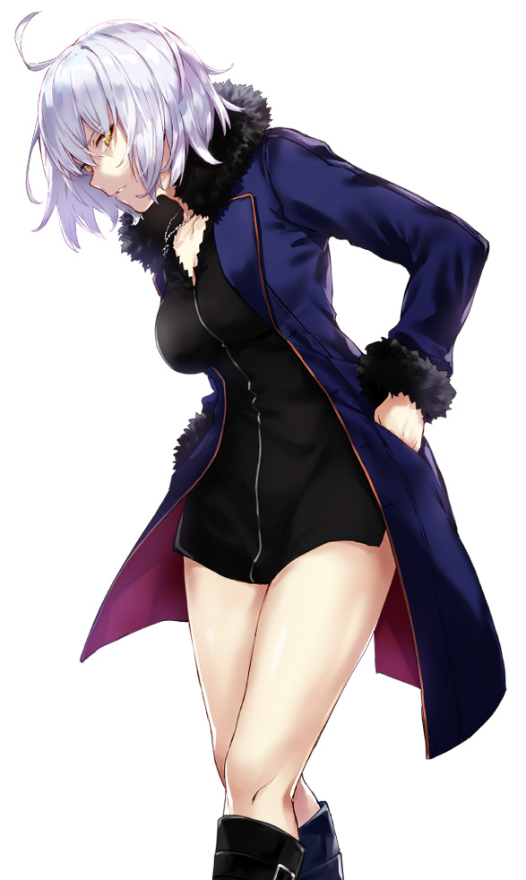 1girl ahoge arisaka_ako bangs blue_coat boots breasts coat dress fate/grand_order fate_(series) fur_trim hands_in_pockets jeanne_d'arc_(alter)_(fate) jeanne_d'arc_(fate)_(all) jewelry large_breasts looking_at_viewer necklace open_clothes open_coat short_dress silver_hair taut_clothes taut_dress yellow_eyes